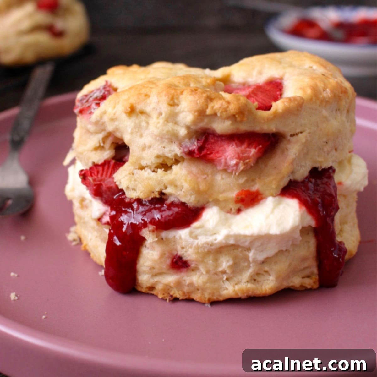 One scone filled with cream and jam over a pink plate, showcasing its fluffy texture and strawberry chunks