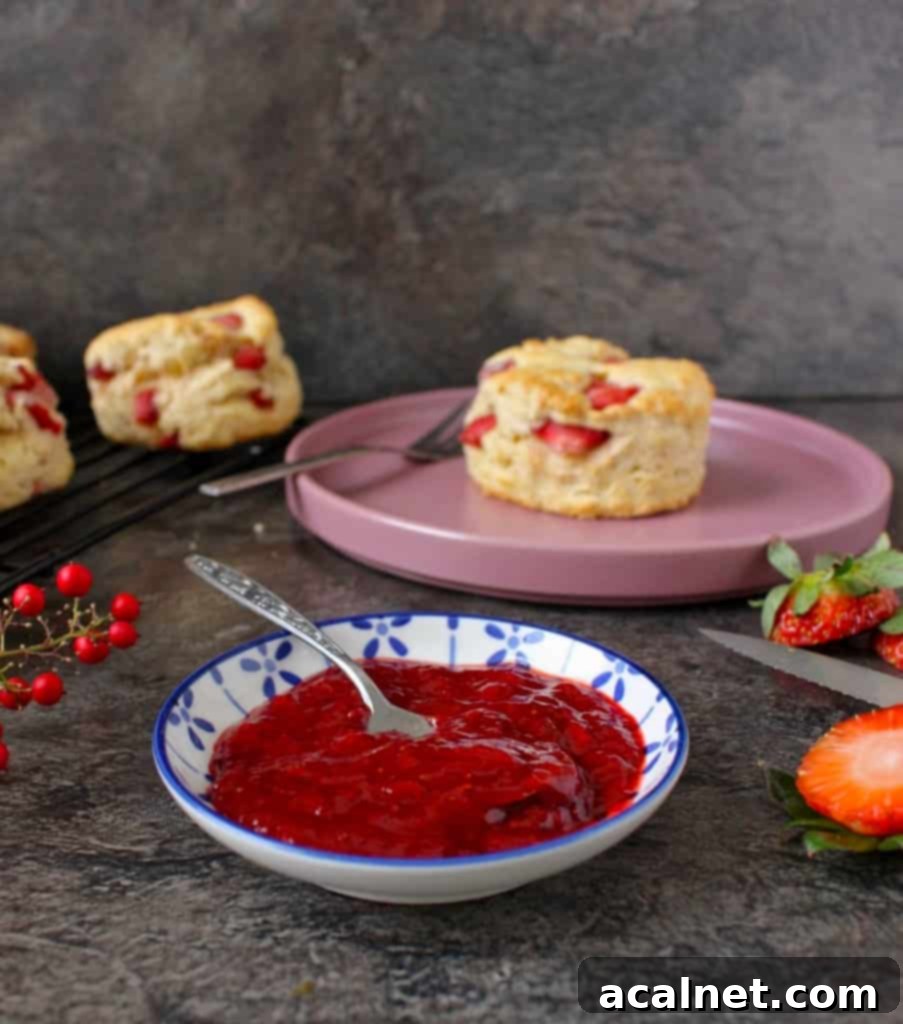 Strawberry Jam in a small bowl with freshly baked Coconut Strawberry Scones in the background