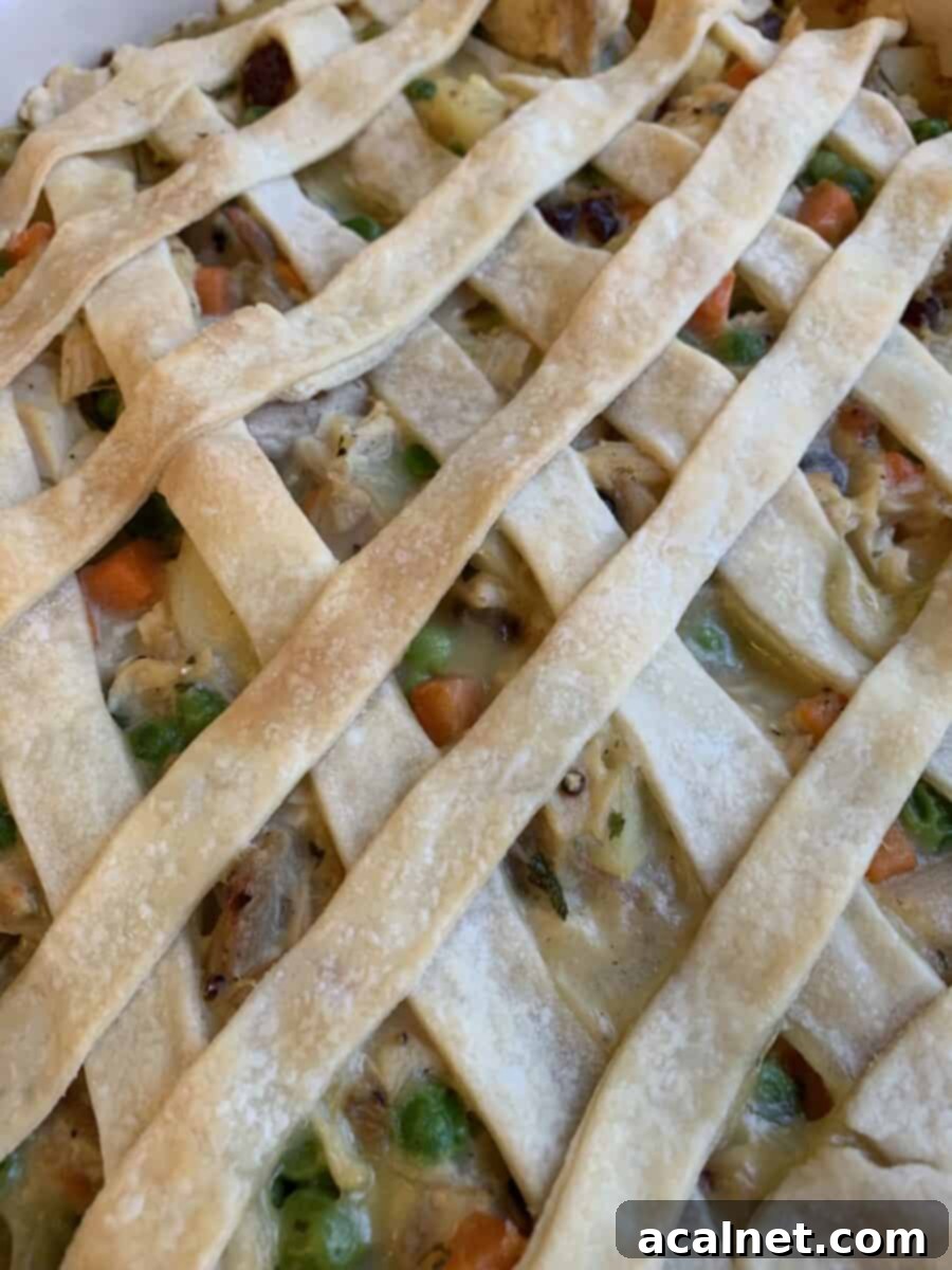 Lattice strips of pie crust on top of a pot pie. 