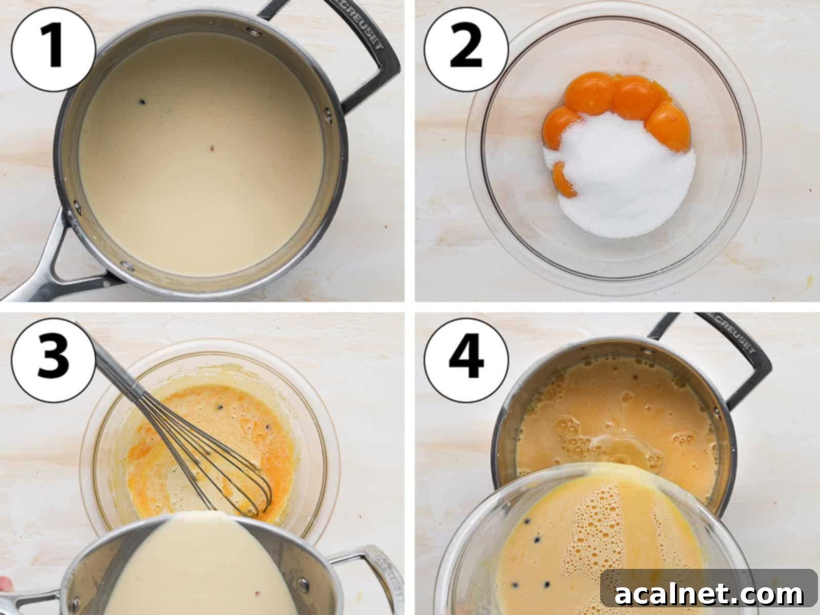 Process Shot Collage: making the passion fruit custard mixture in a saucepan.