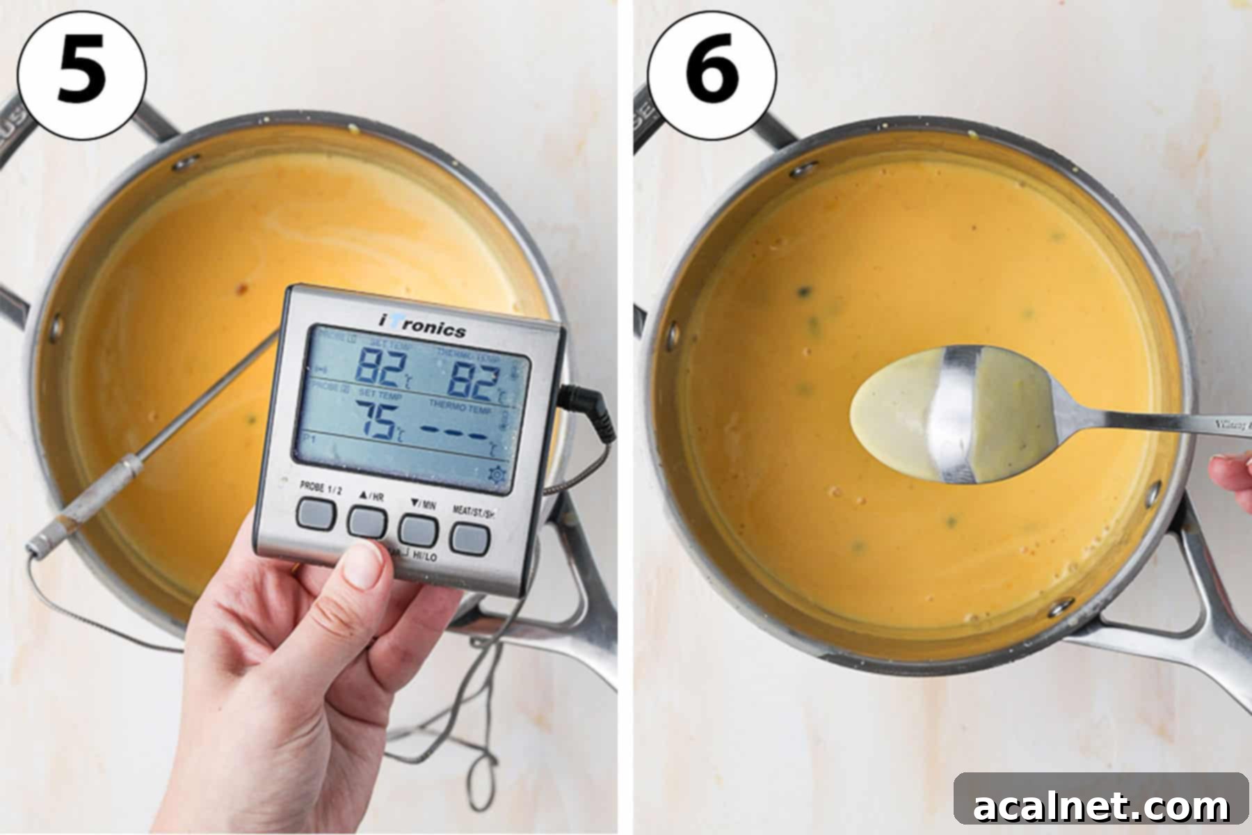 Process shot collage: checking the temperature and consistency of the custard.