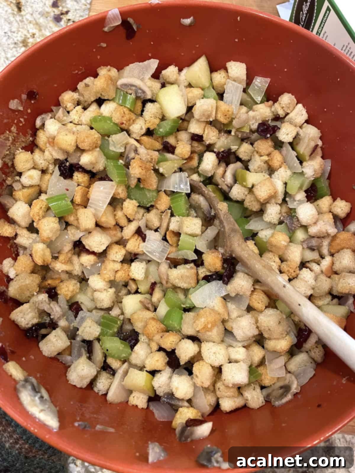 Sweet and Savory Cranberry Apple Stuffing 11 A bowl of damp stuffing mixture, showing texture after broth has been added.