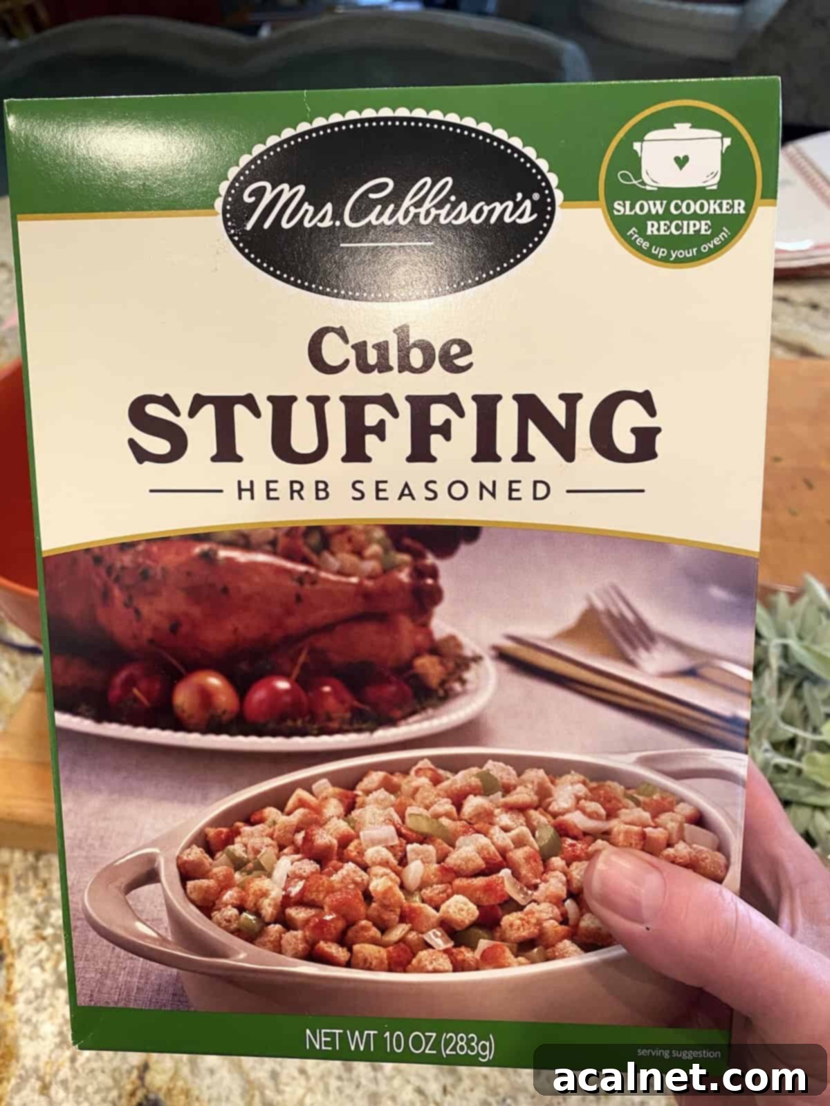Sweet and Savory Cranberry Apple Stuffing 5 A box of Mrs. Cubbison's herb-seasoned stuffing cubes.