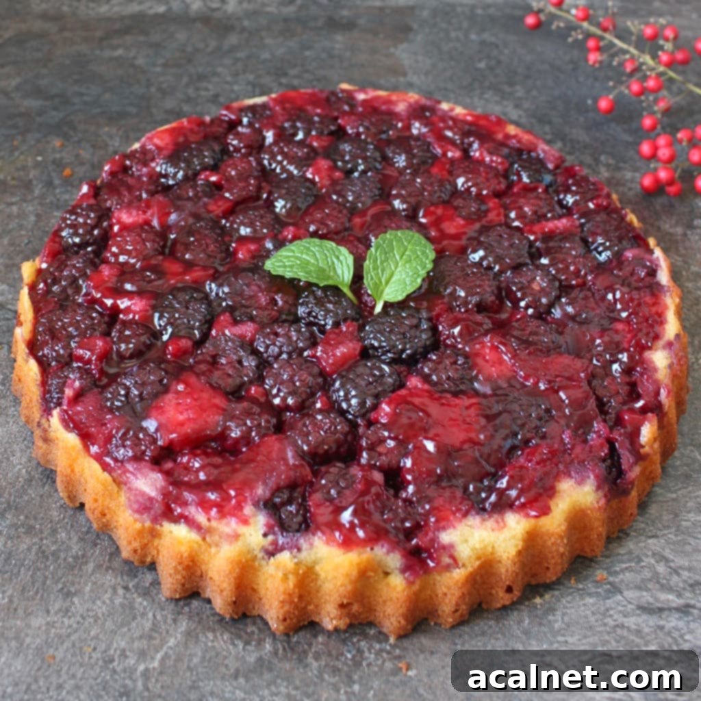 Blackberry Upside Down Cake on a grey surface.