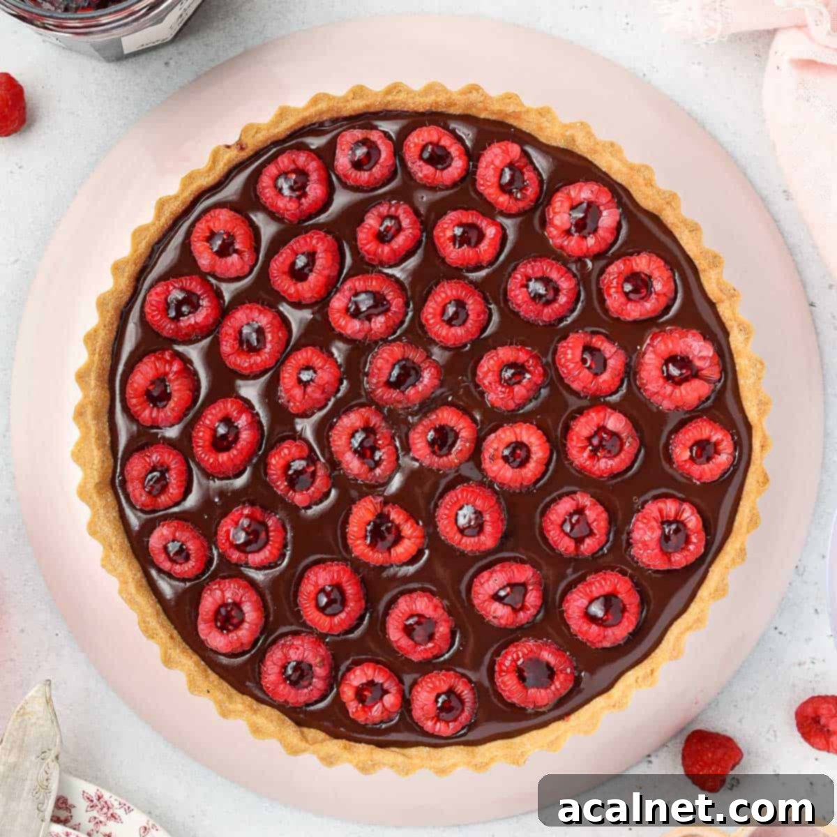 Decadent Chocolate Raspberry Tart 2 Chocolate tart seen from above over a pink plate, garnished with fresh raspberries.
