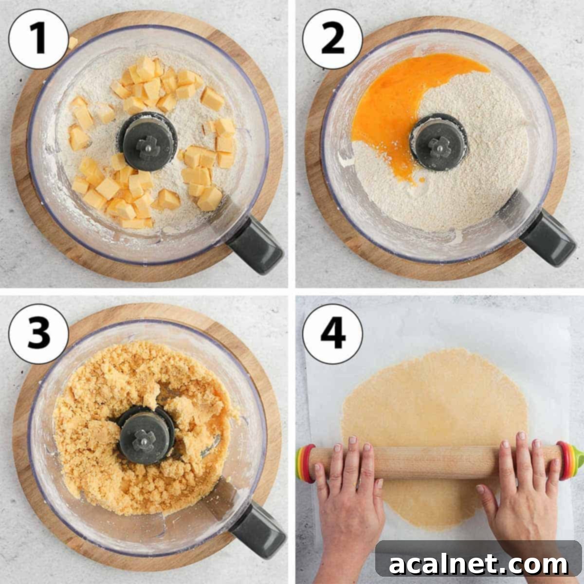 Decadent Chocolate Raspberry Tart 4 Collage showing the process of making tart crust in a food processor: adding flour and sugar, adding cold butter, adding egg, and the finished dough.