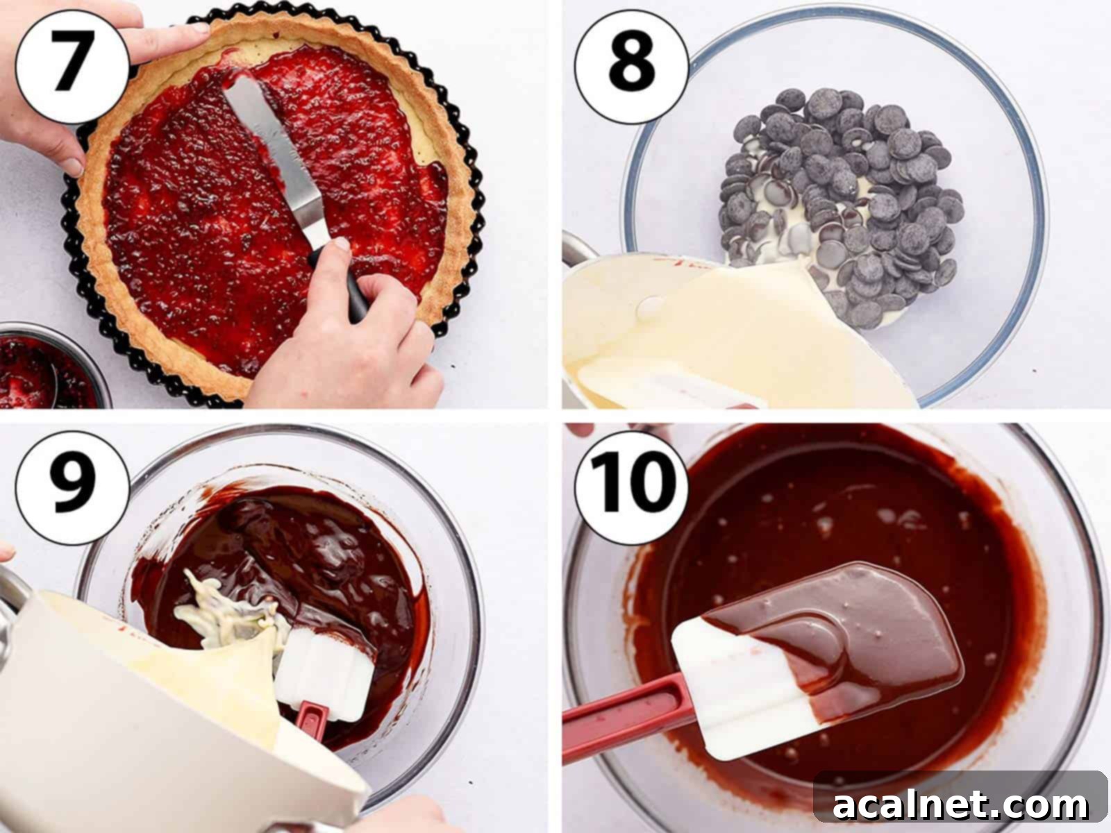 Decadent Chocolate Raspberry Tart 6 Collage showing the process of spreading raspberry jam in a tart crust and preparing the chocolate ganache filling.