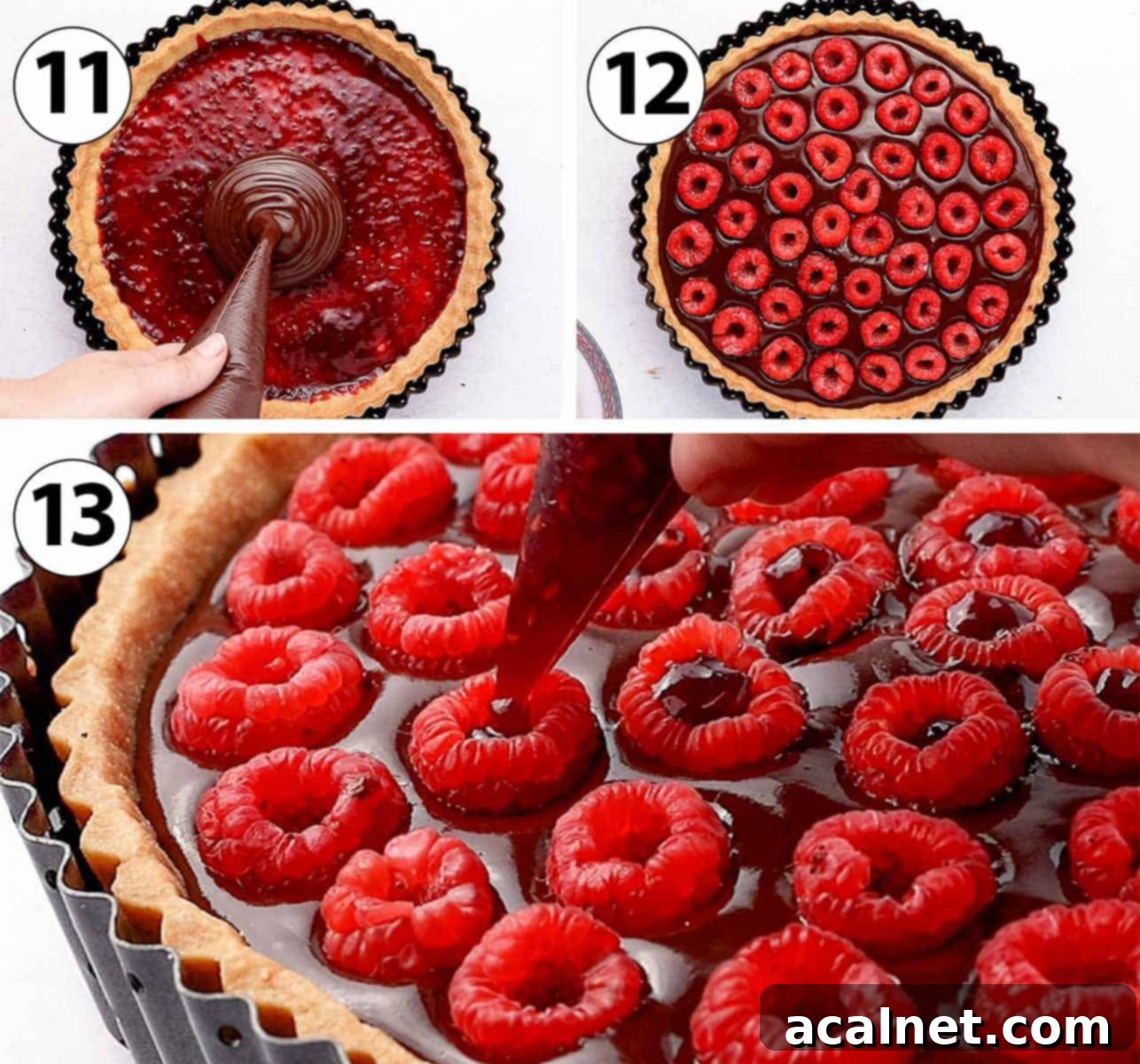 Decadent Chocolate Raspberry Tart 7 Collage showing the process of pouring ganache into a tart crust, arranging fresh raspberries, and filling raspberries with jam.