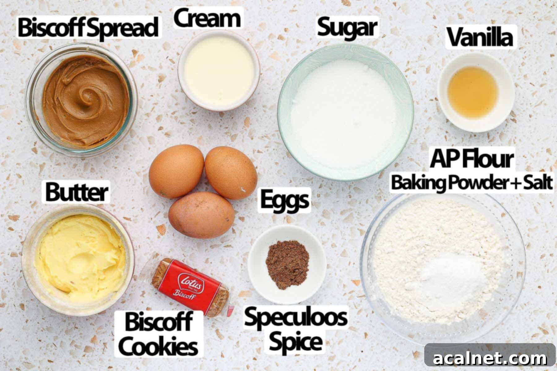A selection of ingredients for Biscoff cake, including butter, sugar, eggs, flour, and a jar of Biscoff spread, neatly arranged on a light-colored surface.