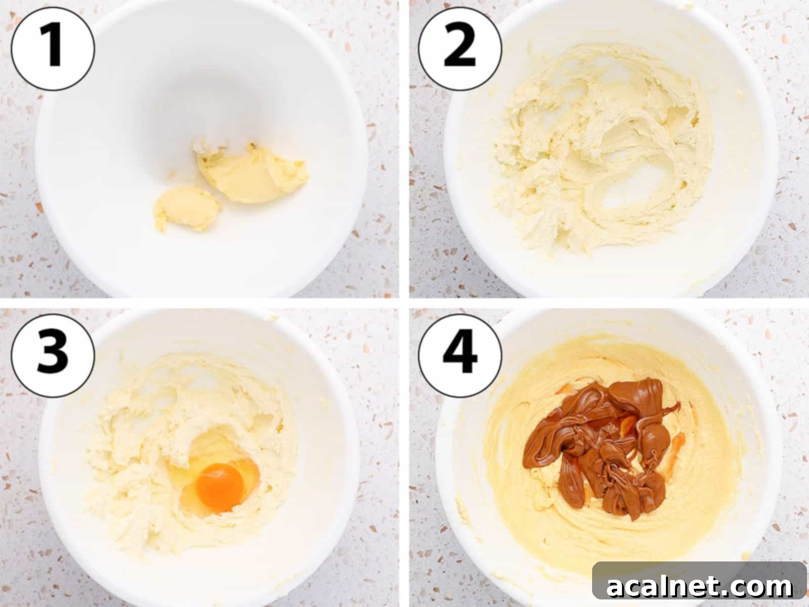 Process Shot Collage: Step-by-step images showing creaming butter and sugar, adding eggs, and incorporating Biscoff spread into the cake batter.