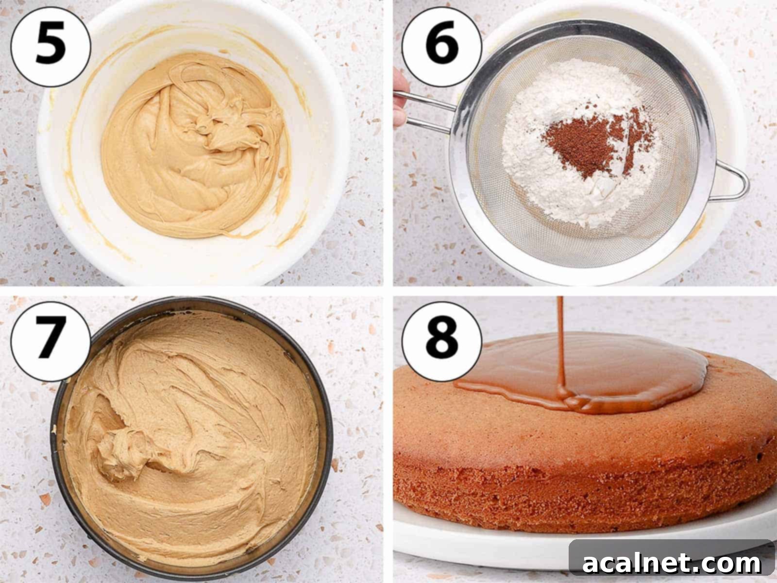 Process Shot Collage: Images showing the addition of dry ingredients, the cake baking, and the melted Biscoff spread being applied as a glaze.