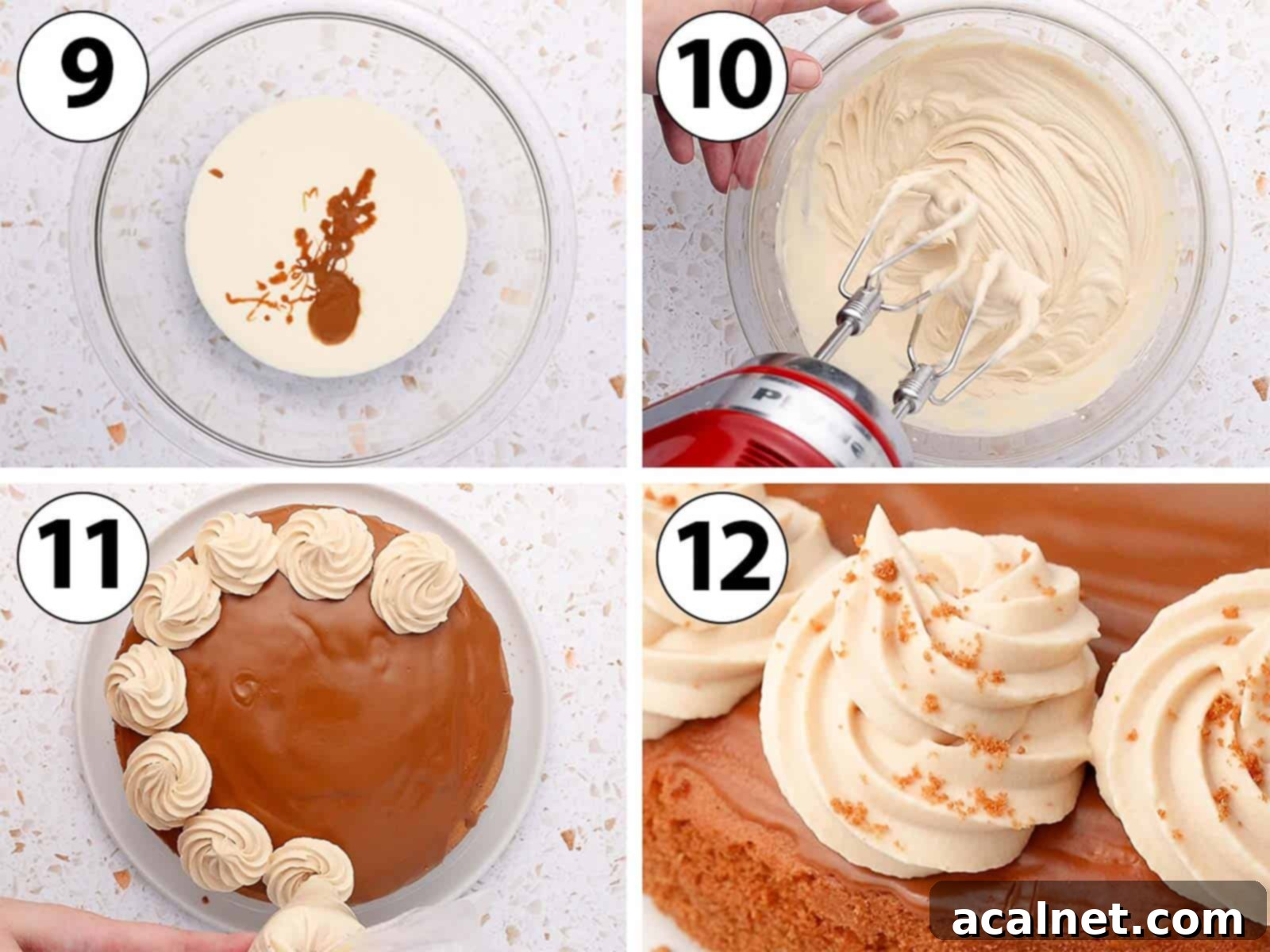 Process Shot Collage: Images demonstrating how to make and pipe the Biscoff whipped cream topping onto the glazed cake.