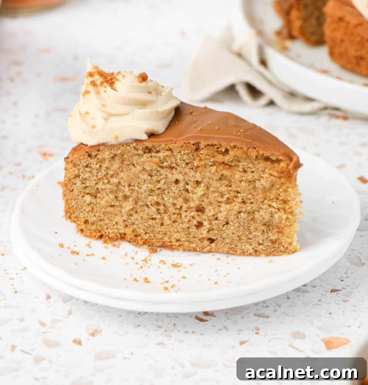 One slice of biscoff cake on a small white plate, showing the creamy topping and cake layers.
