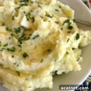 A bowl of creamy Yukon Gold mashed potatoes, garnished with fresh chives and melted butter, ready to be enjoyed.