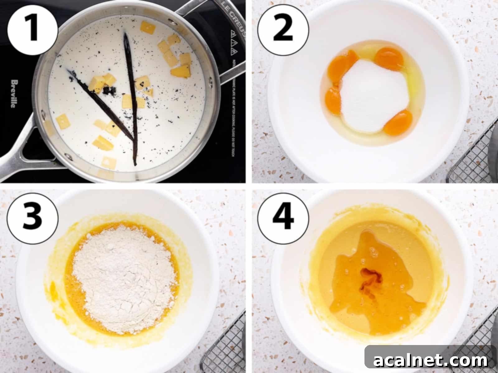Bordeaux Cannelés 4 Process Shot Collage: Step-by-step photos showing heating milk with vanilla, then mixing eggs, sugar, flour, and rum for Cannelés batter.