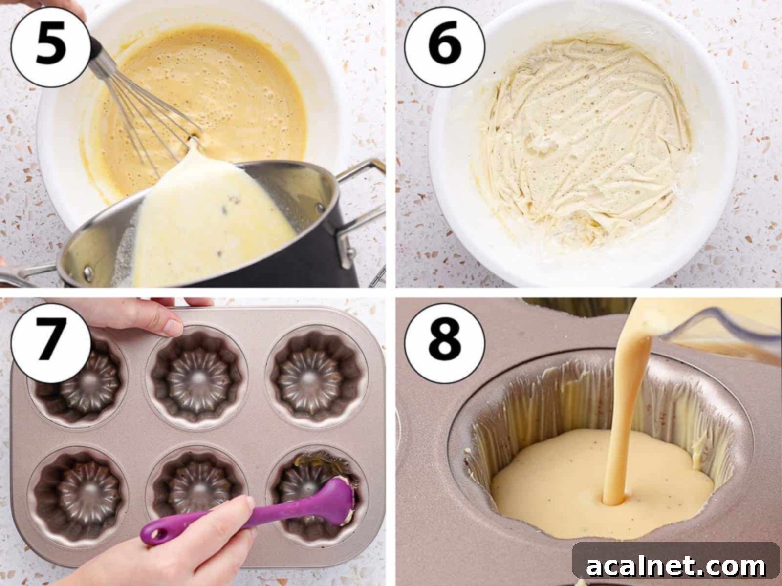 Bordeaux Cannelés 5 Process Shot Collage: pouring warm milk into egg mixture, covering batter for chilling, buttering cannelé molds, and filling molds with batter.