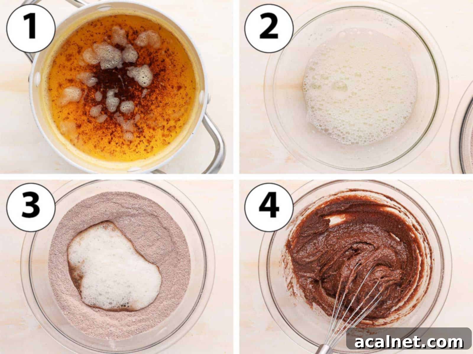 Decadent Chocolate Financiers 4 Process Shot Collage showing the initial steps of making chocolate financiers: melting butter to brown it, and then combining frothy egg whites with the sifted dry ingredients.