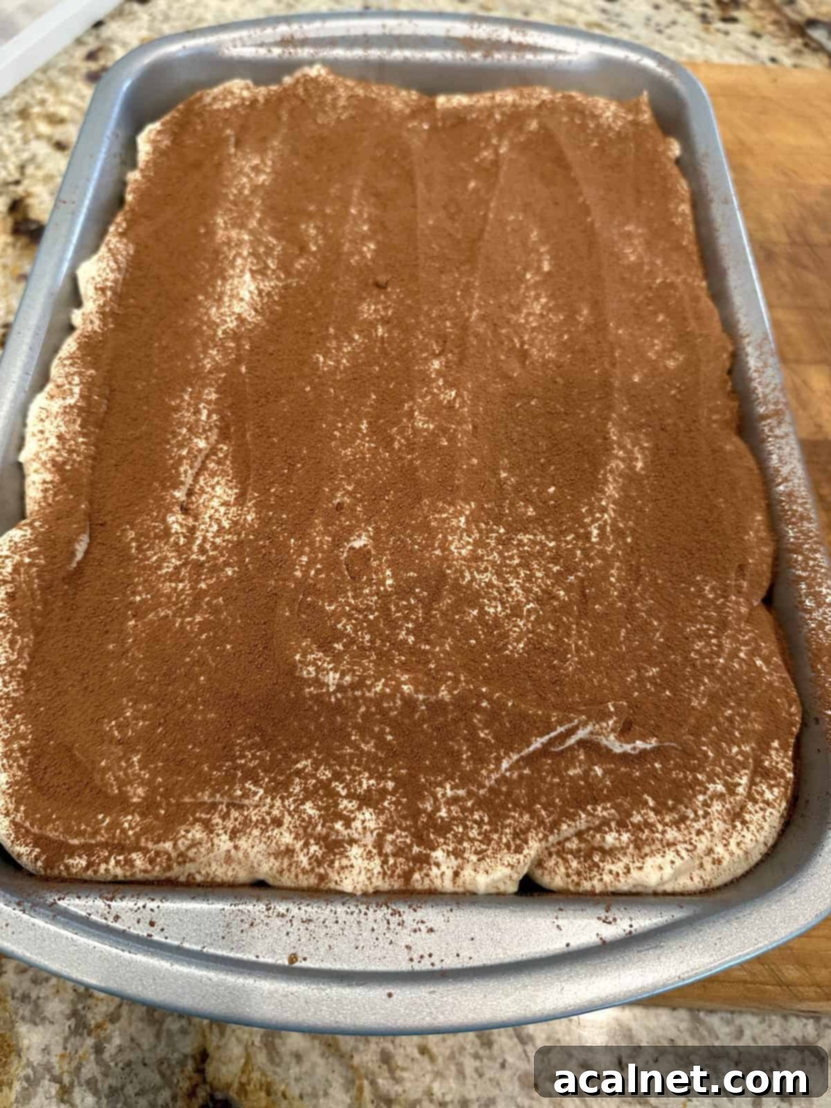 The finished easy tiramisu cake, made from boxed cake mix and topped with smooth mascarpone frosting and cocoa powder, ready for final chilling.