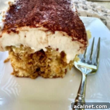 A close-up serving of the easy tiramisu cake on a plate with a fork, highlighting its creamy layers.