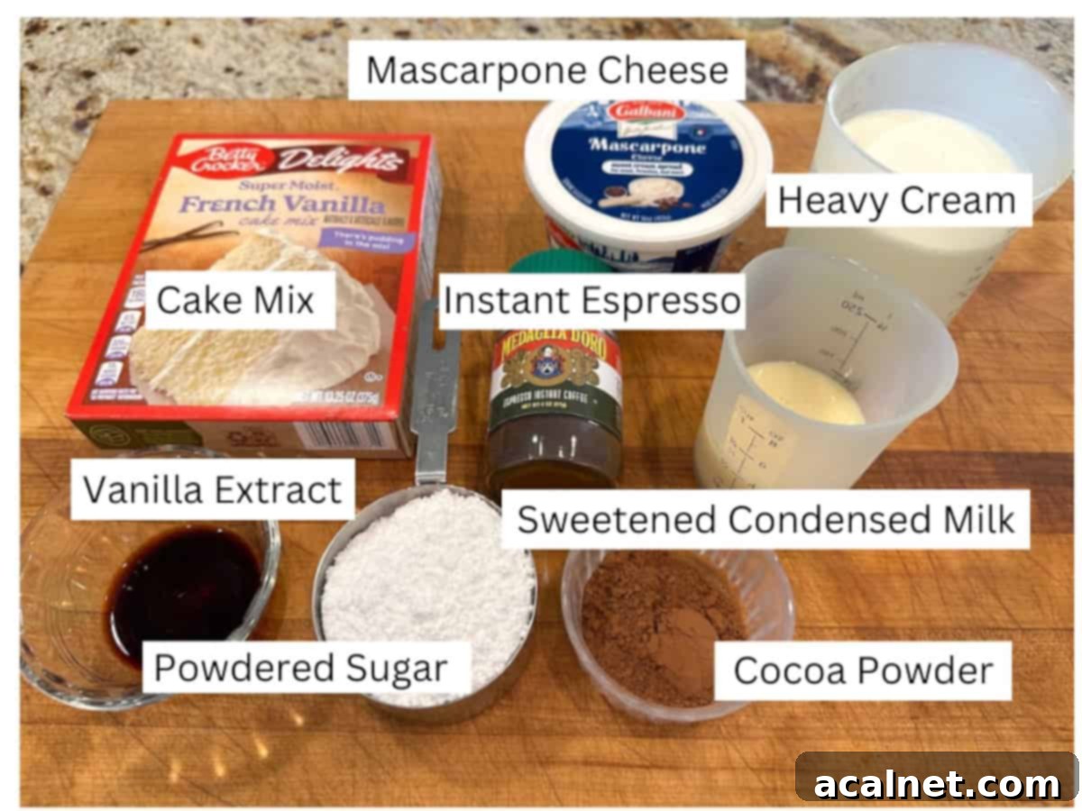 Labeled ingredients for an easy Tiramisu cake, including a box of vanilla cake mix, instant espresso, and mascarpone cheese.