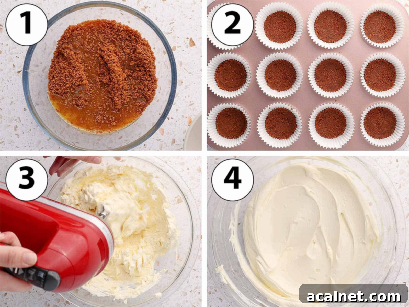 Process Shot Collage: making the crumb crust and mixing the cream cheese and sour cream.