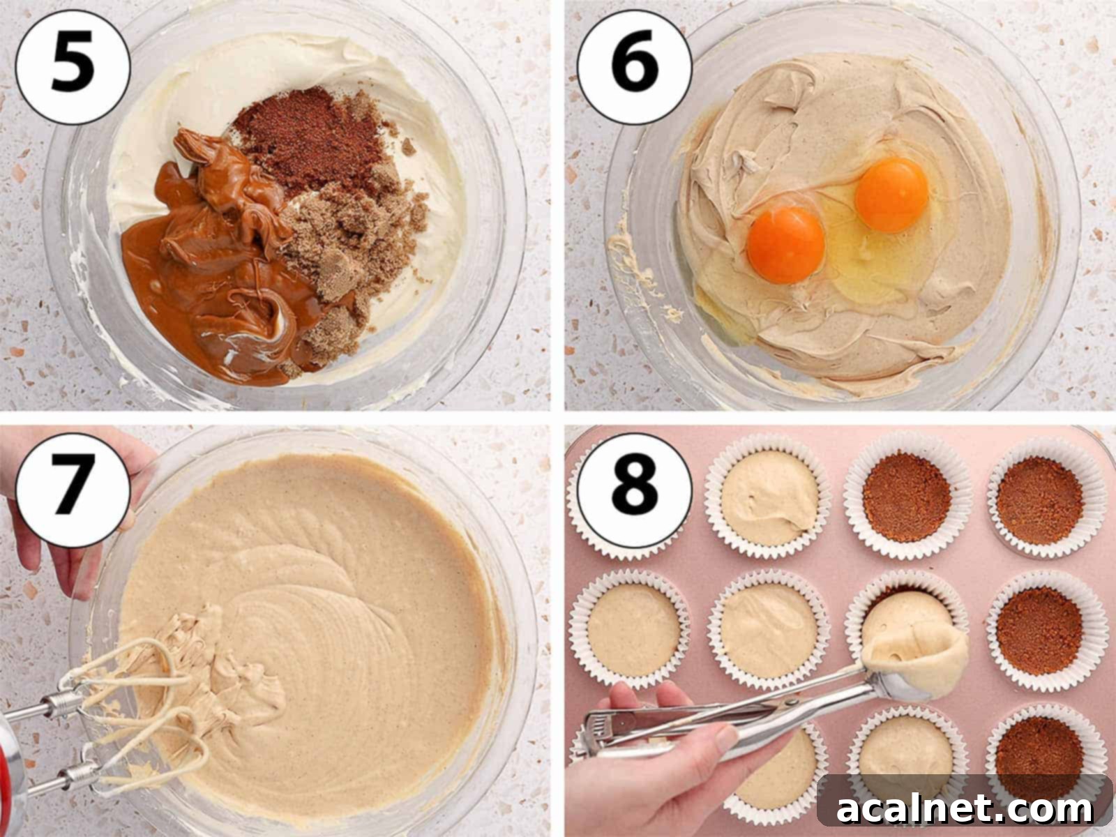 Process Shot Collage:combining the cheesecake ingredients and pouring into a muffin pan.