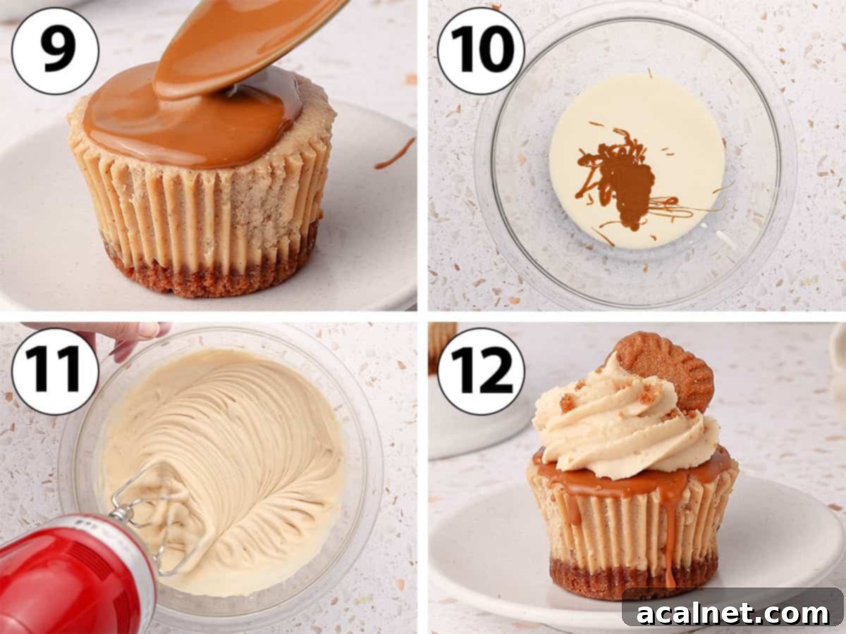 Process Shot Collage: preparing the biscoff whipped cream and topping the mini cheesecakes with it.