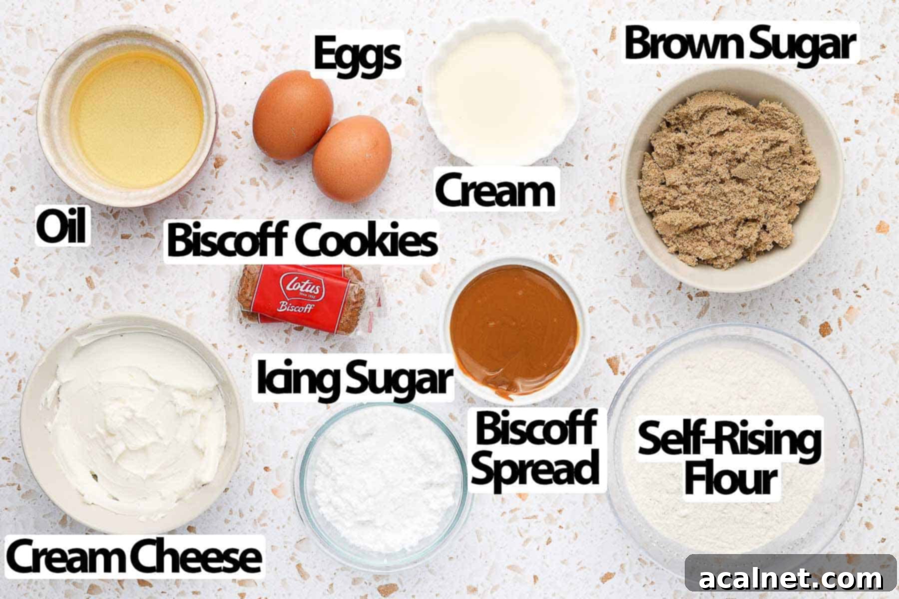 Ingredients for Biscoff Cupcakes laid out on a surface.
