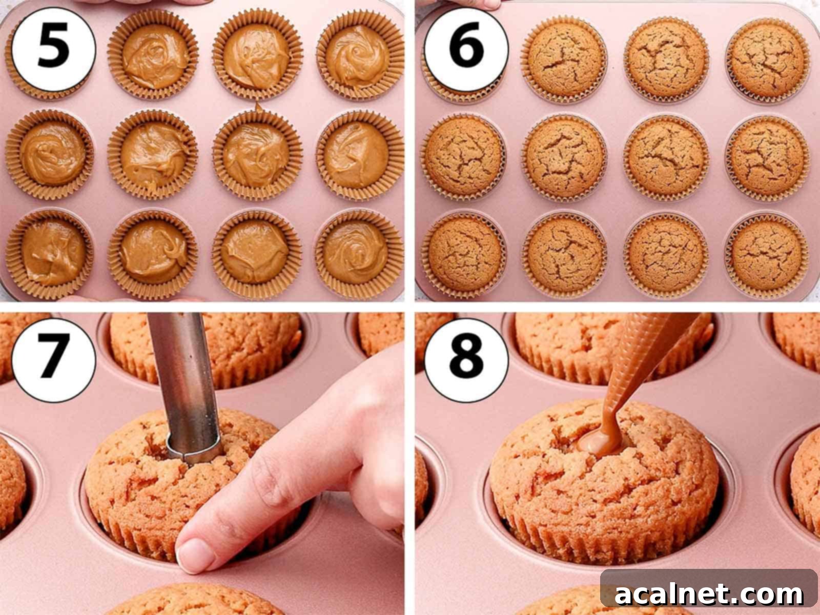 process Shot Collage: baking the cupcakes and filling them with biscoff spread.