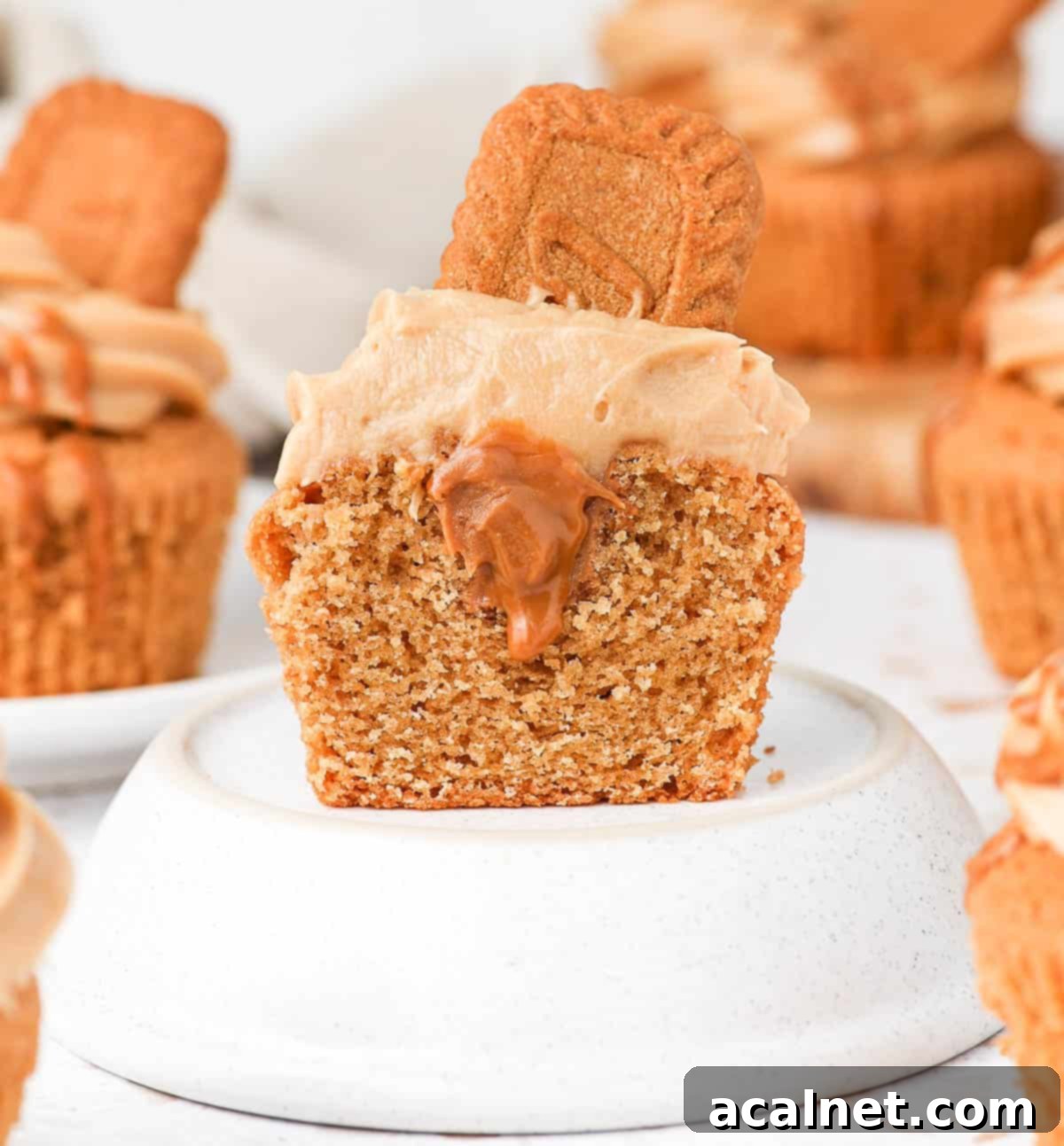 Cupcake sliced in half sitting on a small white bowl.