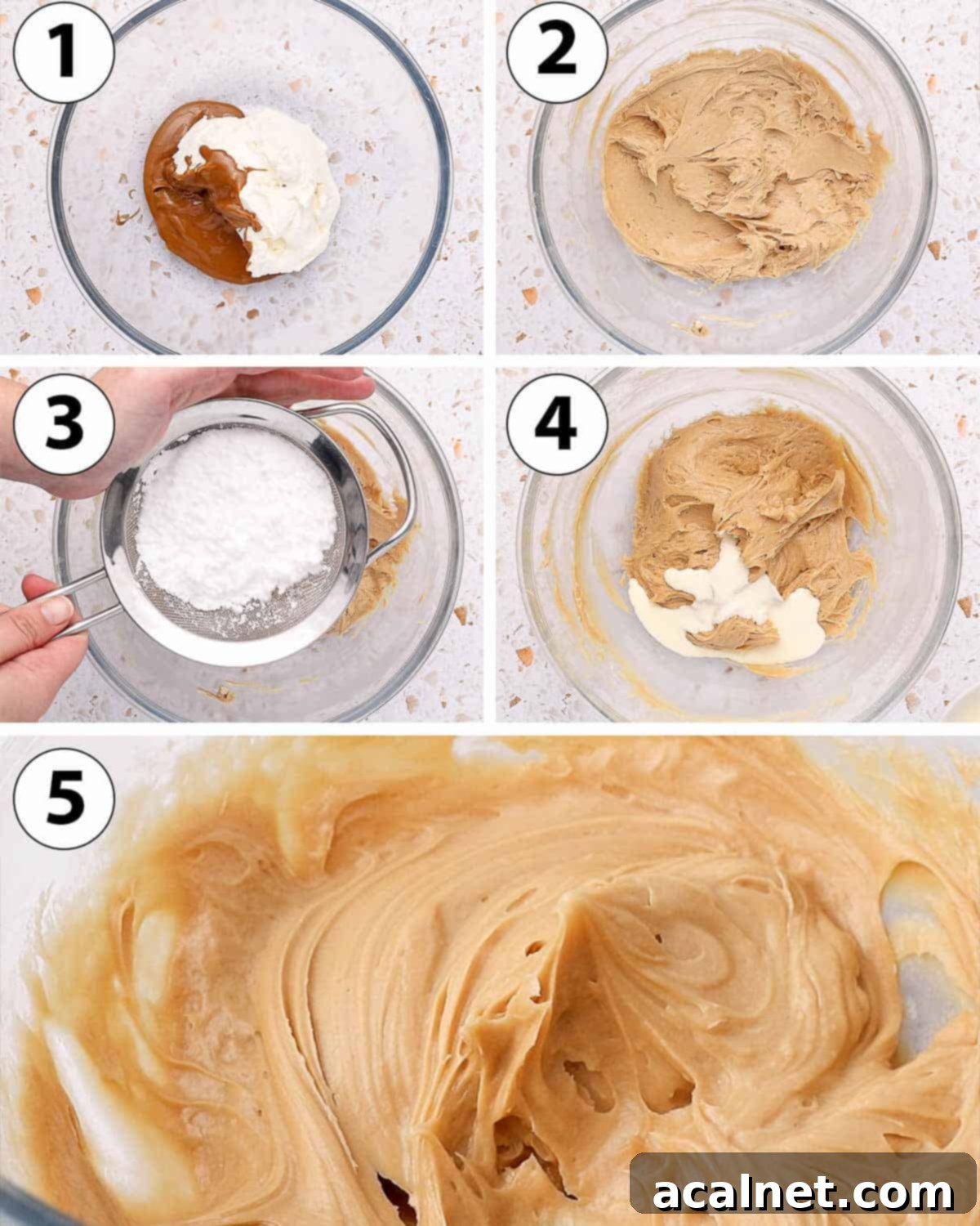 Process Shot Collage showing the steps of mixing Biscoff Cream Cheese Frosting with a hand mixer in a mixing bowl.