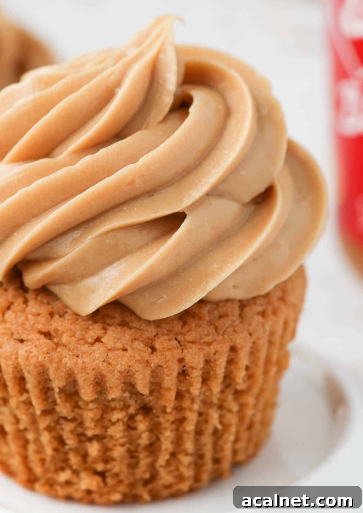 Close up on the rich, creamy Biscoff frosting piped elegantly over a cupcake, showcasing its perfect texture.