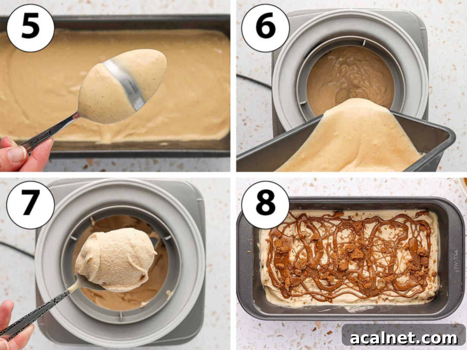 Process Shot Collage: churning the ice cream and topping it with biscoff spread and cookies swirl.