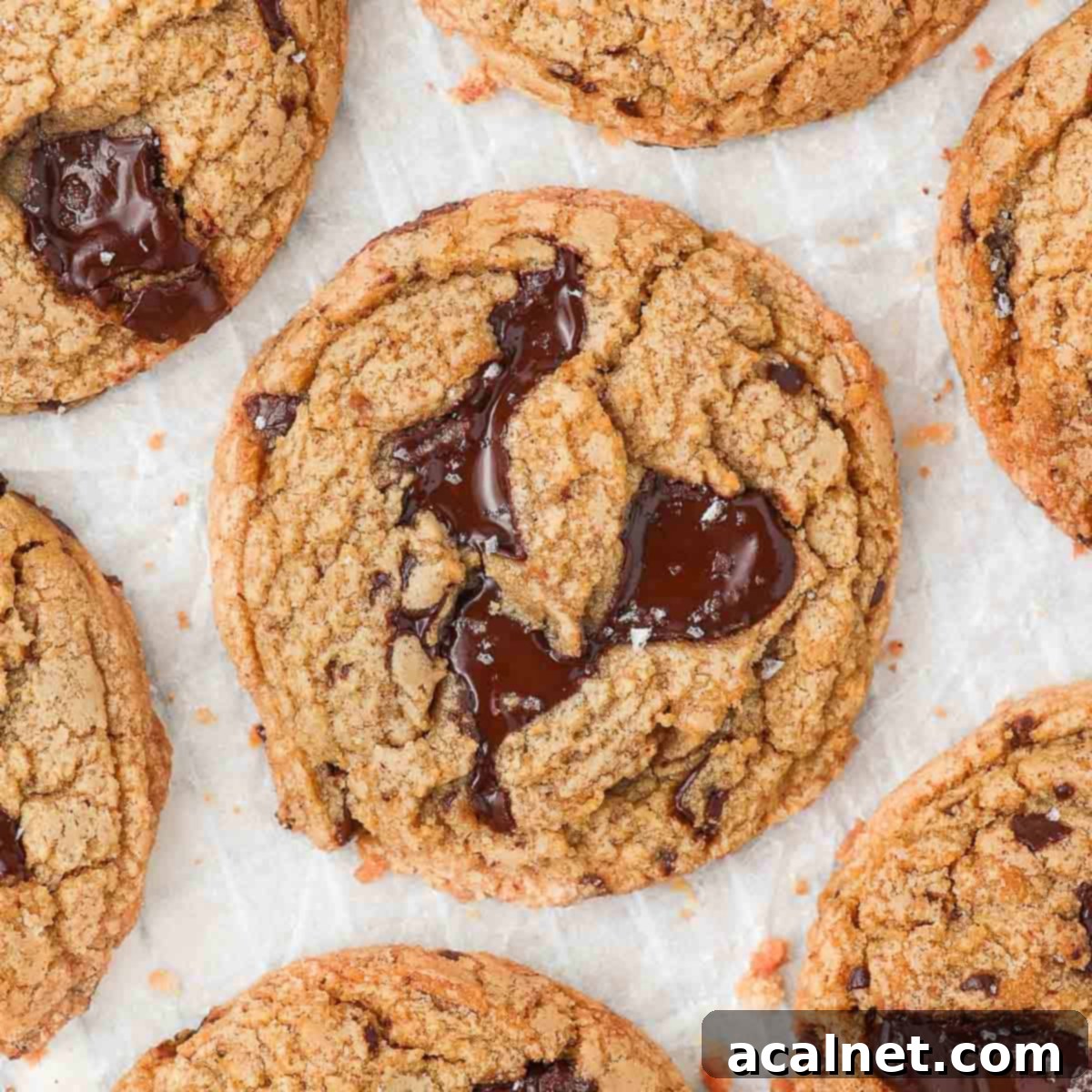 Close up on a biscoff cookie seen from above on white baking paper.