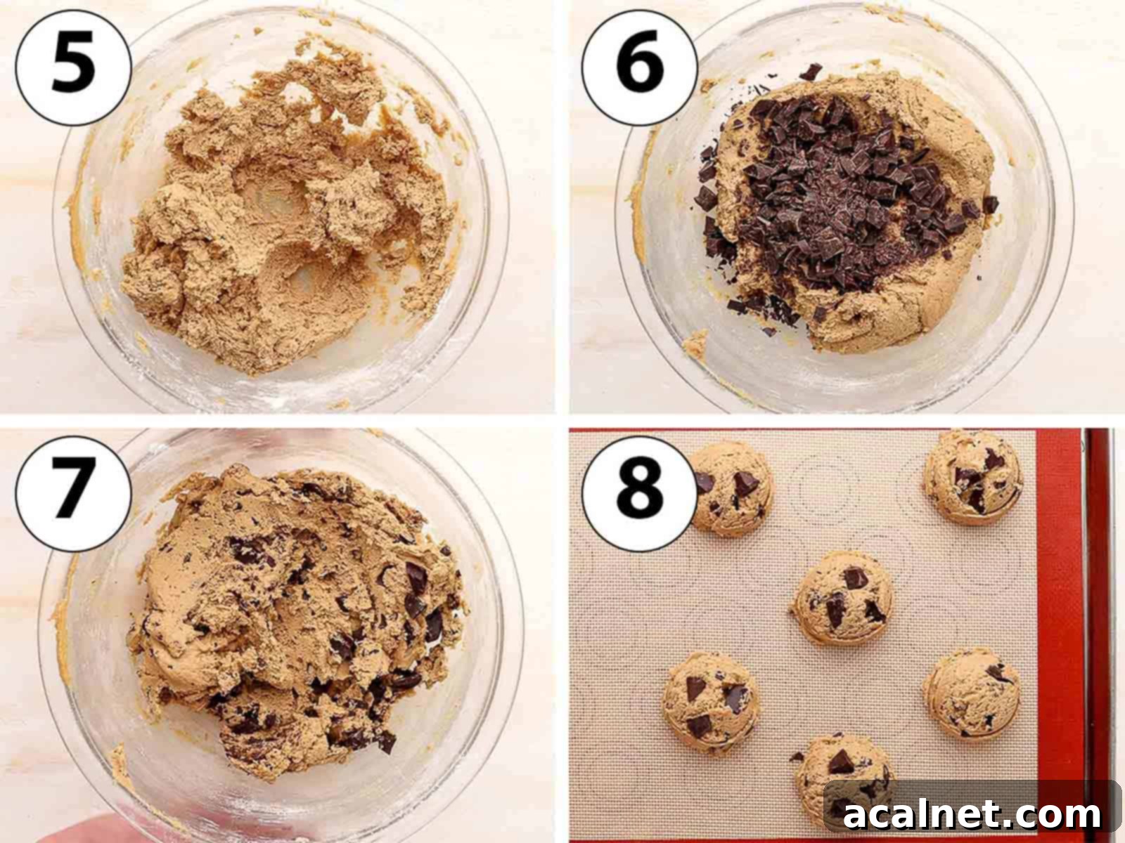 Process Shot Collage: adding the chocolate chunks and scooping the cookies on a baking tray.