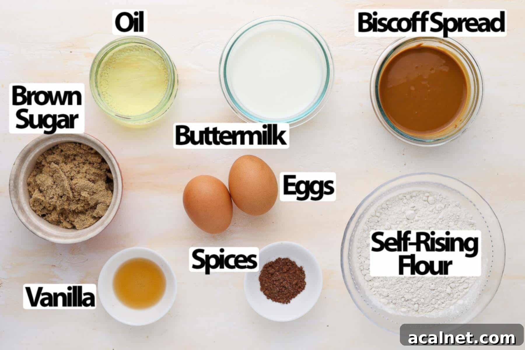 Various ingredients laid out on an orange surface, including flour, sugar, eggs, and a jar of Biscoff spread.
