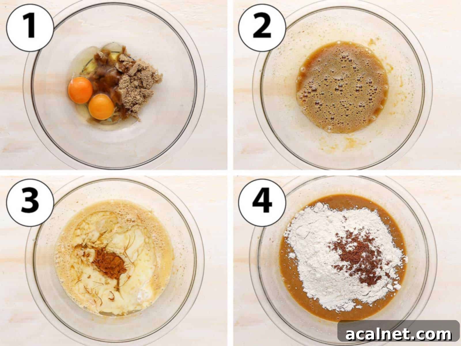 A collage of process shots showing ingredients being mixed in a glass bowl.