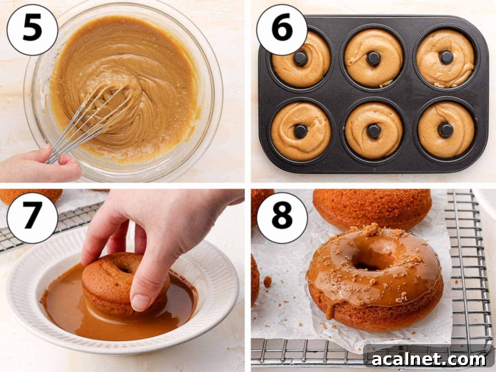 A collage of process shots showing the donut batter being piped into the pan and finished donuts being glazed.