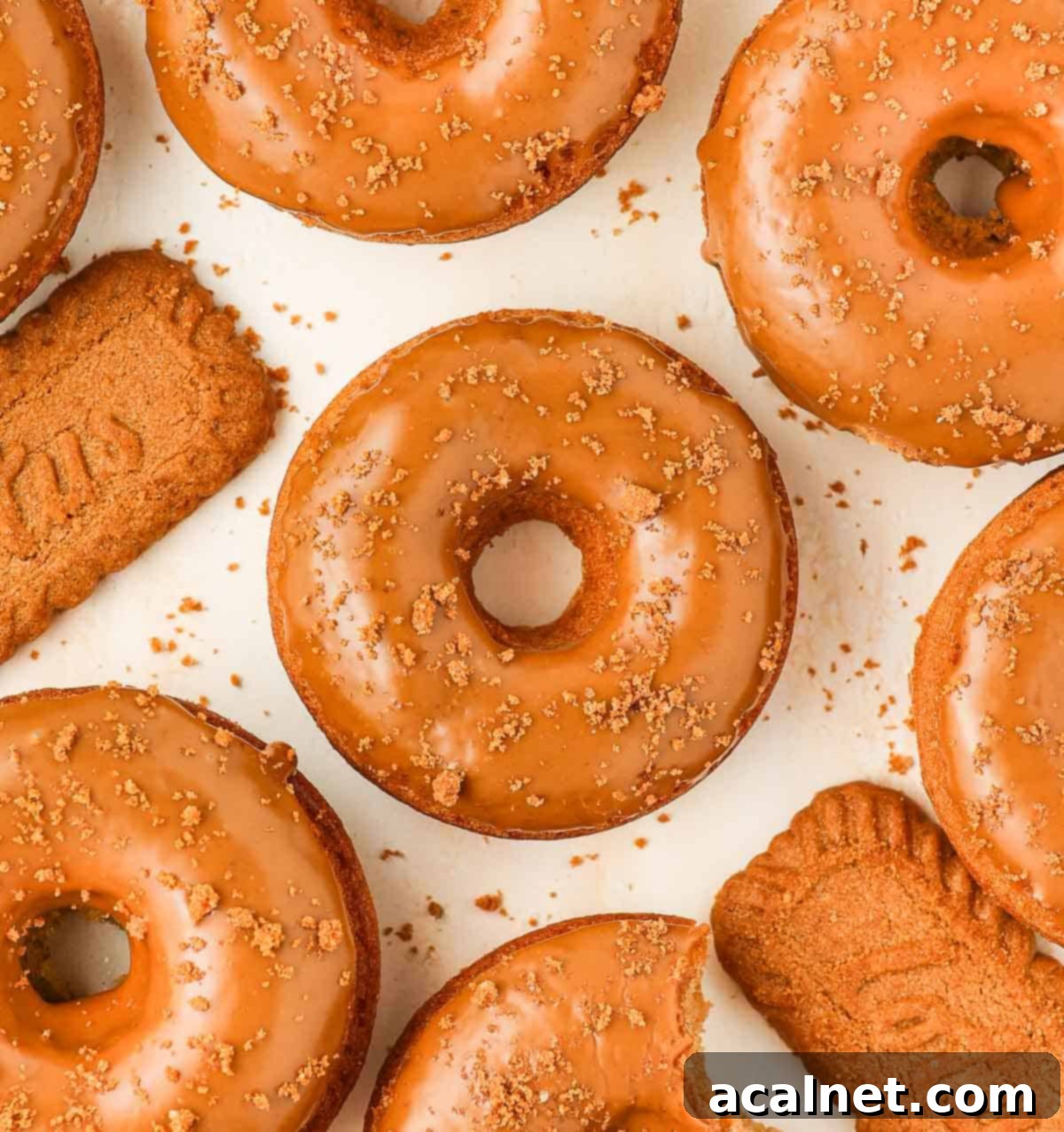 Biscoff donuts arranged aesthetically on an orange surface, viewed from above.