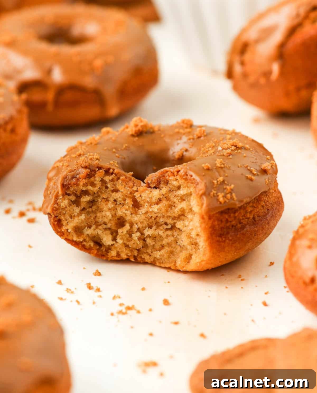 A single Biscoff donut with a bite taken out of it, showcasing its fluffy interior, on an orange surface.