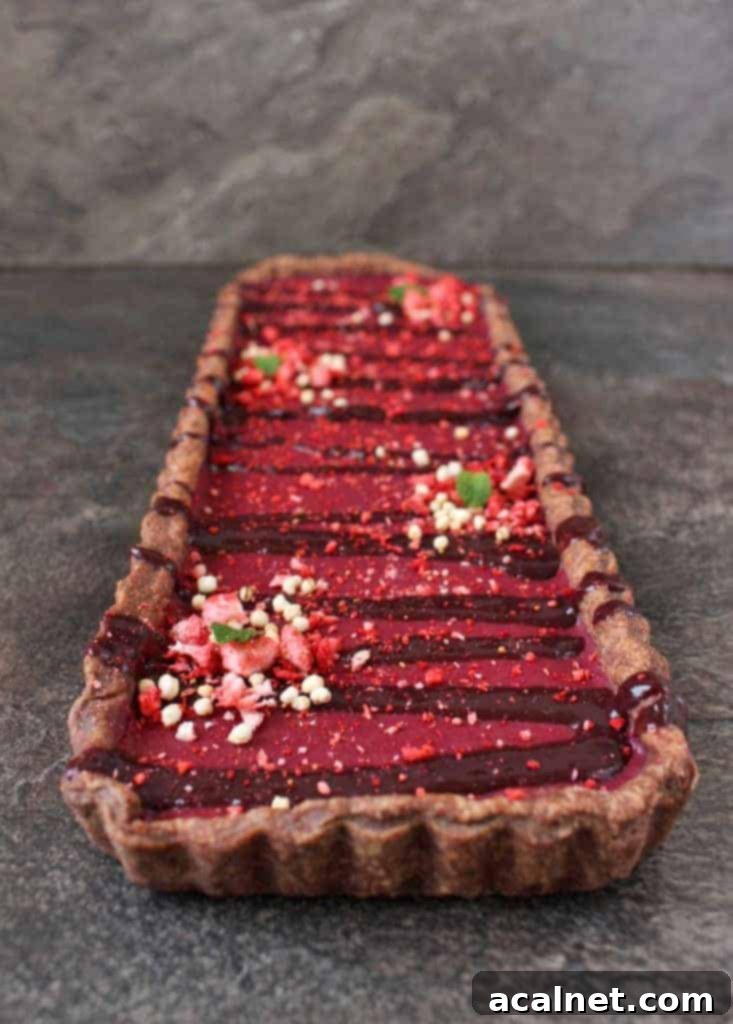 A beautifully baked rectangular Chocolate Cherry Tart resting on a dark grey surface, highlighting its elegant shape and dark, crisp crust.