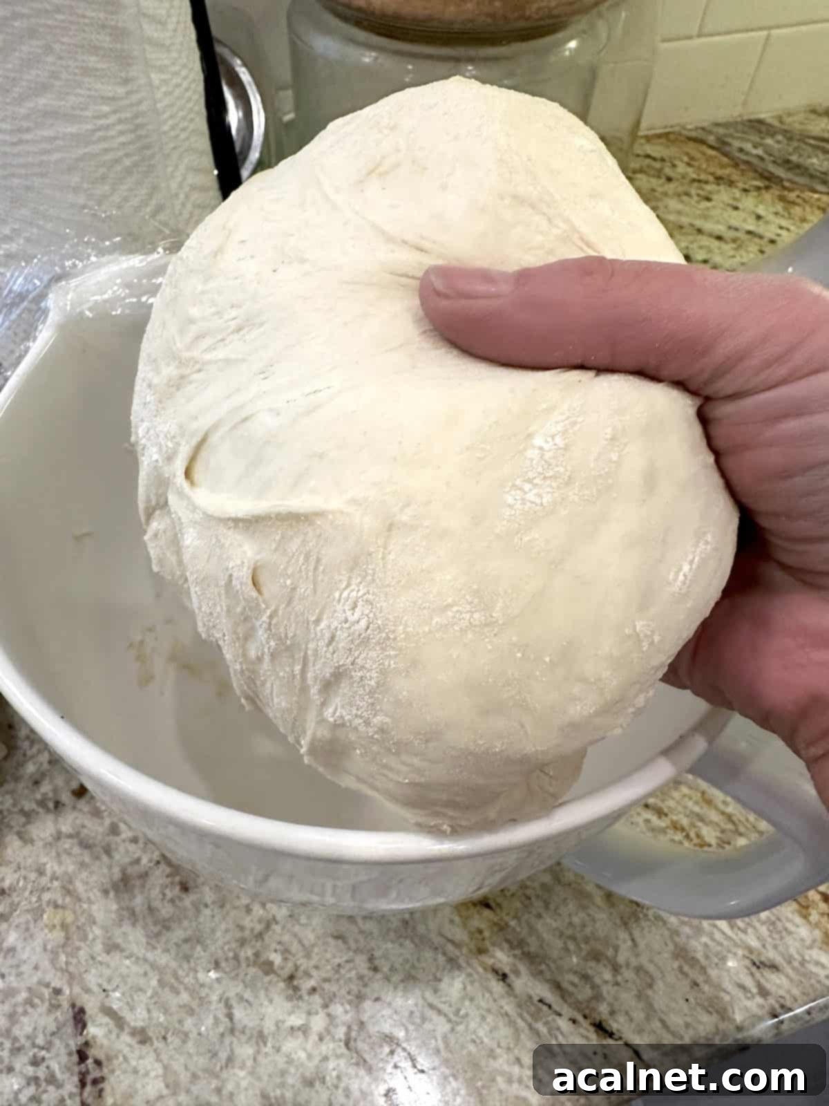 A hand holding a mound of pizza dough over a mixing bowl.