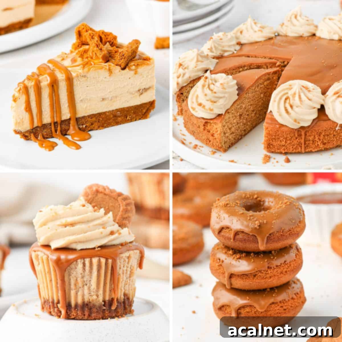 A grid of four appealing desserts featuring Biscoff: a creamy cheesecake, a layered cake, a frosted cupcake, and glazed donuts, showcasing the versatility of Biscoff in various treats.