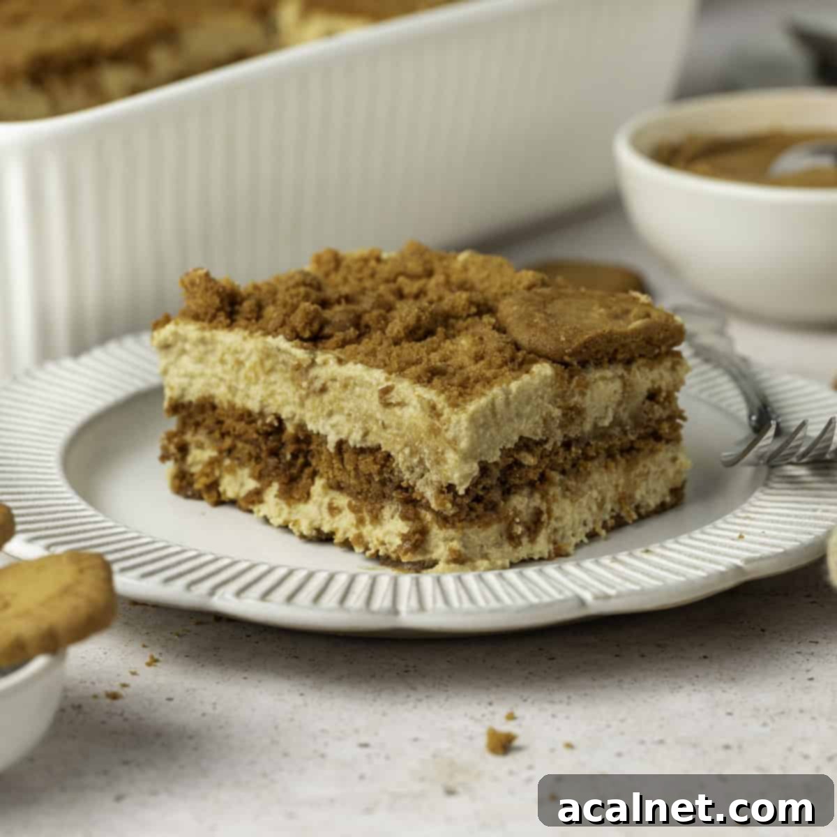 A close-up shot of a perfect slice of Speculoos Tiramisu on a small white plate, showing its distinct layers and creamy texture.