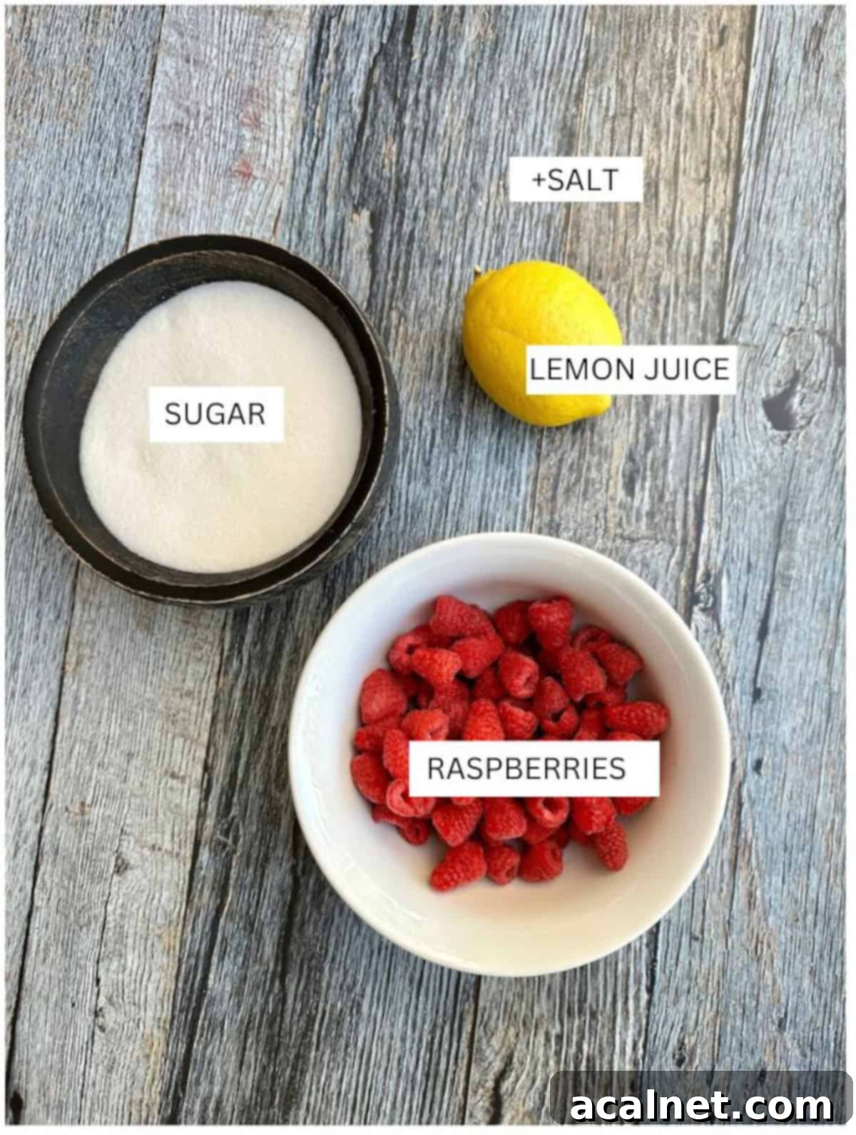 Ingredients for small batch raspberry jam.