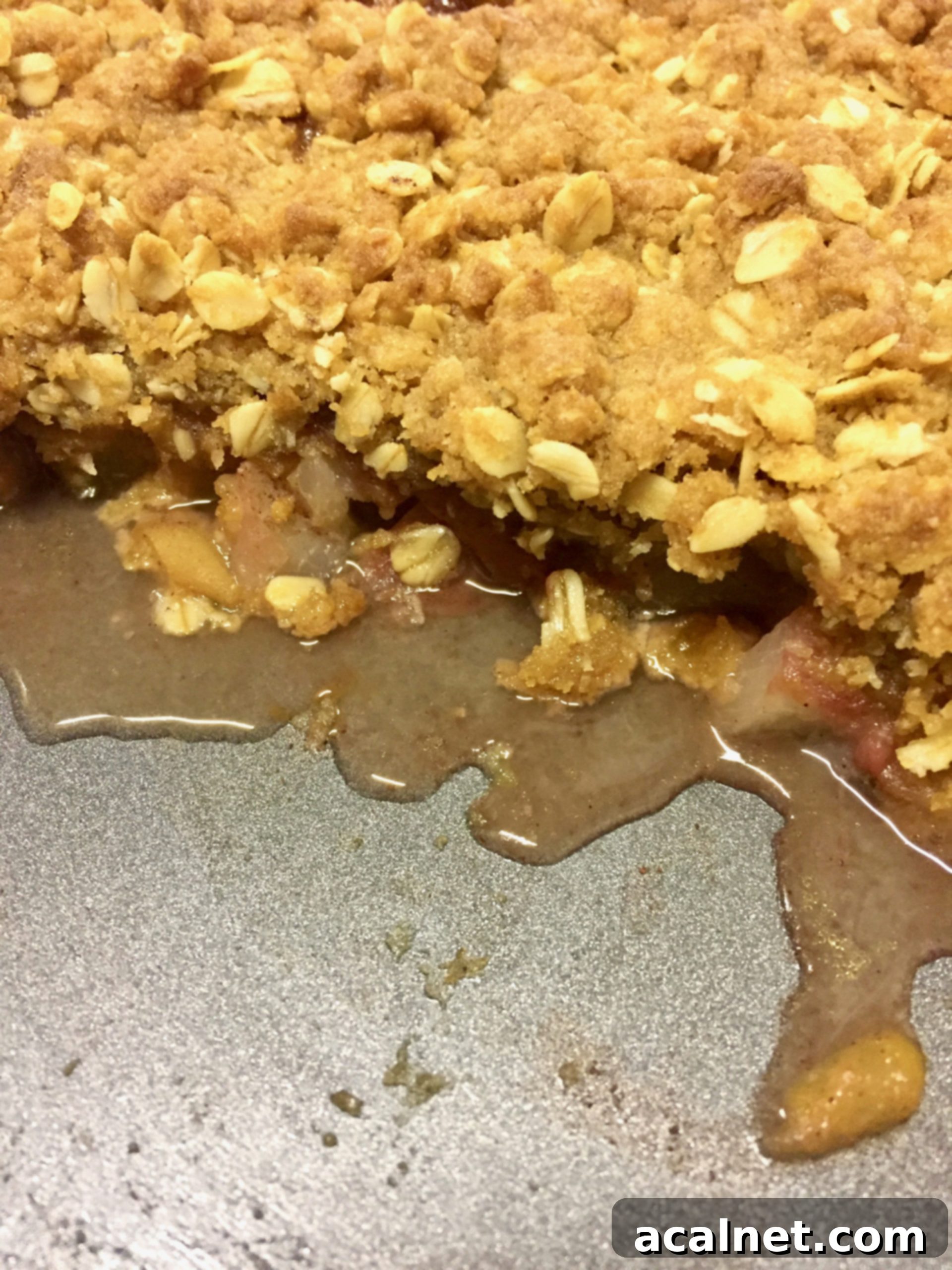 Warm Peach Oat Crumble with melted vanilla ice cream ready to be served