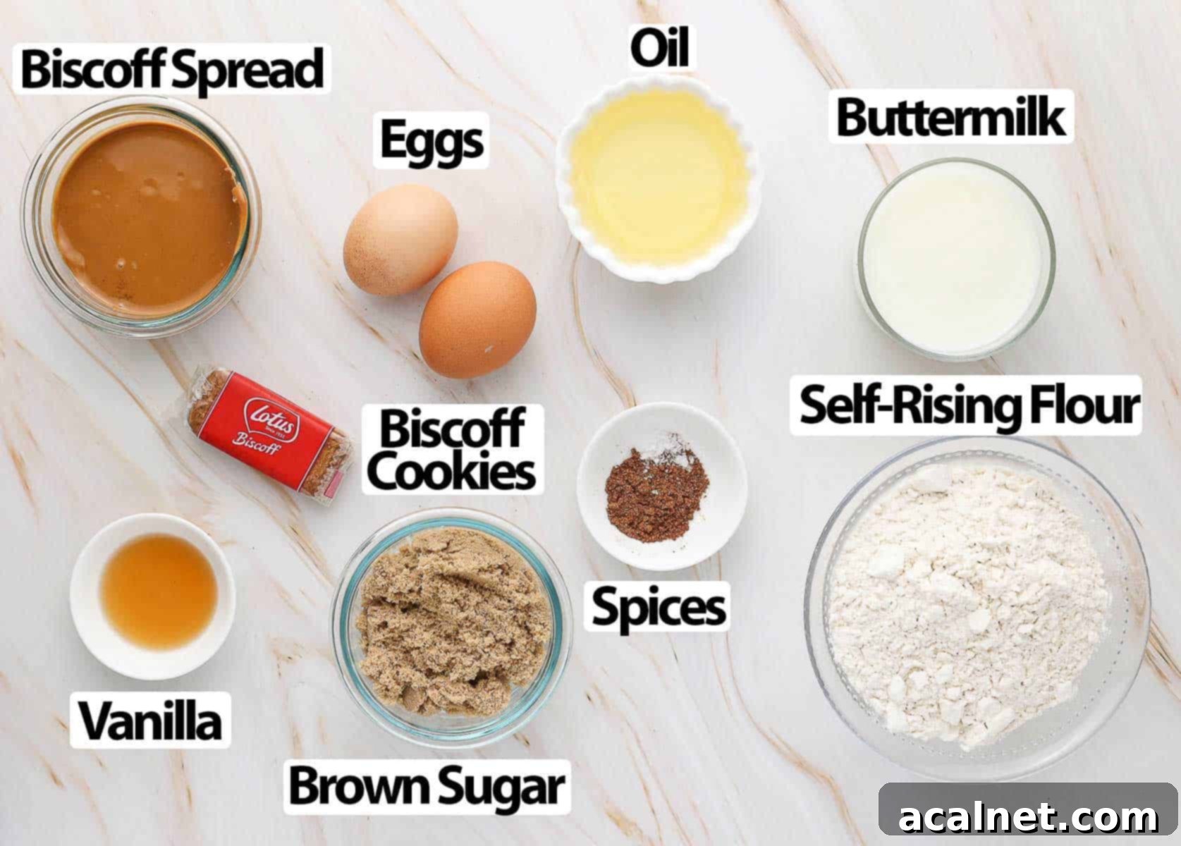 Ingredients on a beige marbled surface.