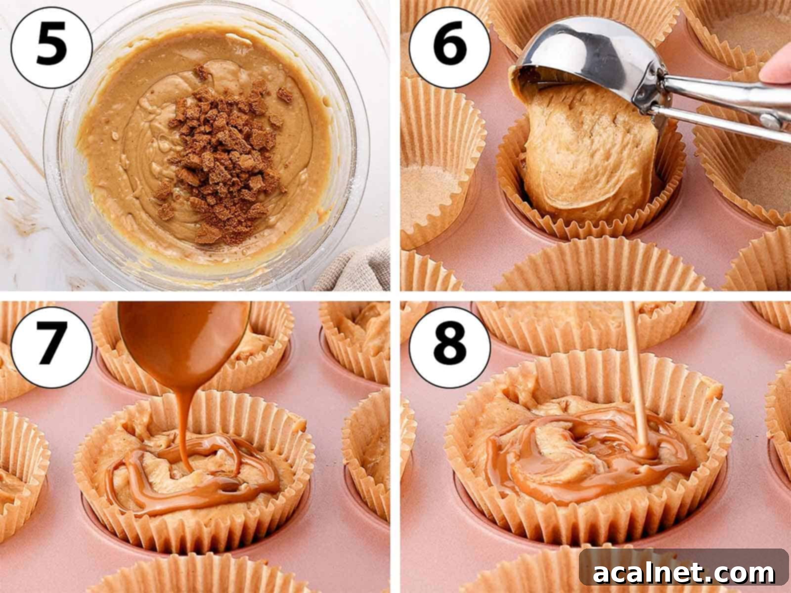 Process Shot Collage: scooping the batter in a muffin pan and adding a biscoff swirl.