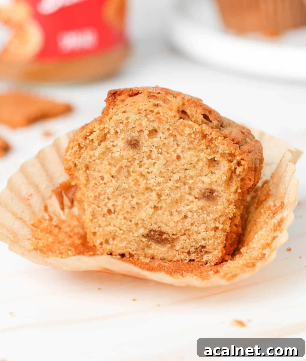 Muffin sliced in haf in its wrapper (Crumb Shot).