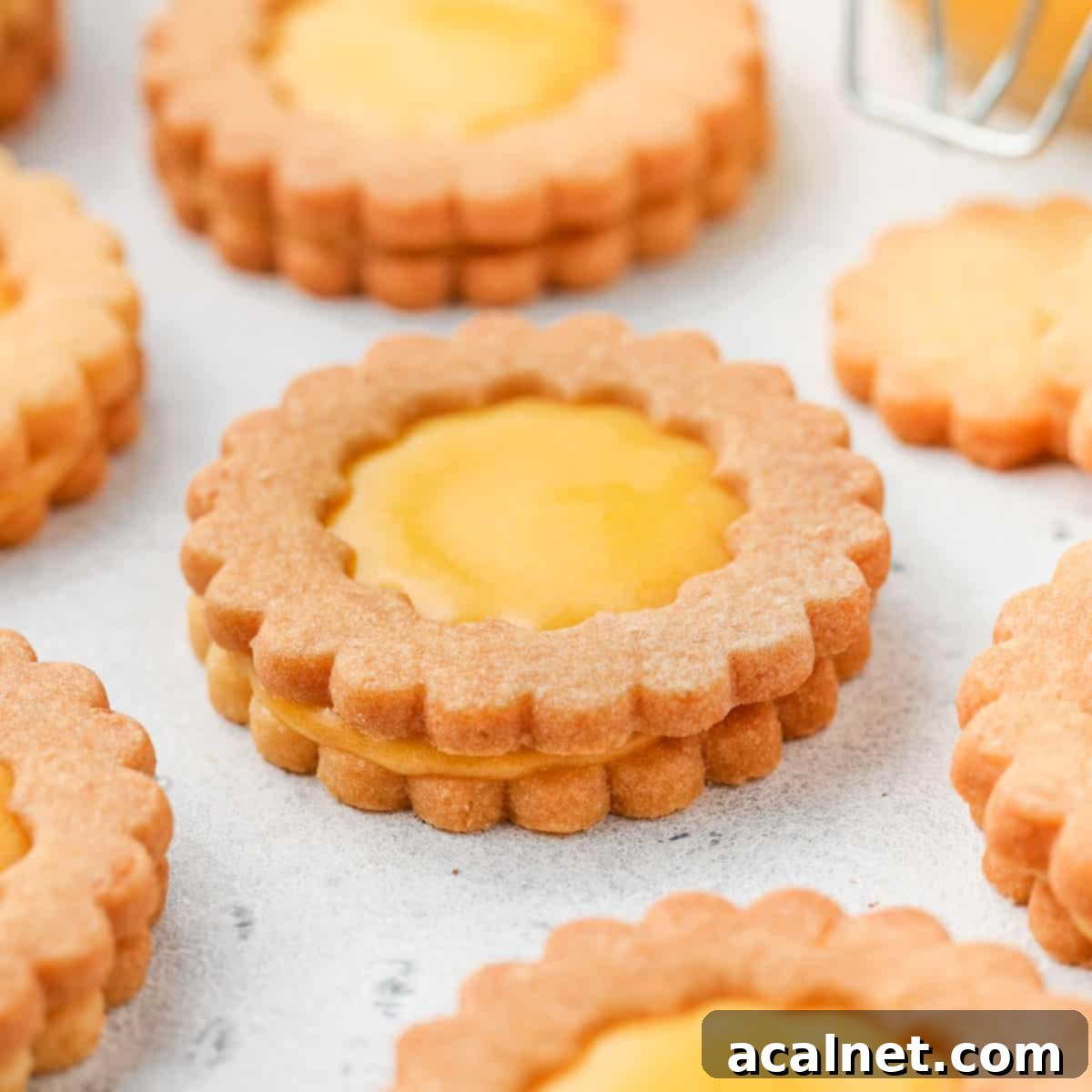 Cookies laid on a light grey surface, showcasing their delicious filling and perfect golden edges.